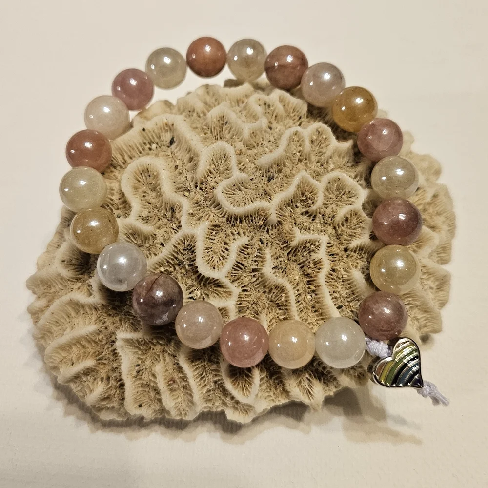 Elegant SUNSTONE Beaded Stretch Bracelet with Colorful Heart Charm ♡ Handmade ♡ - Picture 7 of 10